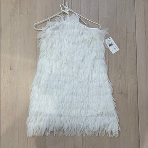 Aidan Mattox White Feathered Mini Dress